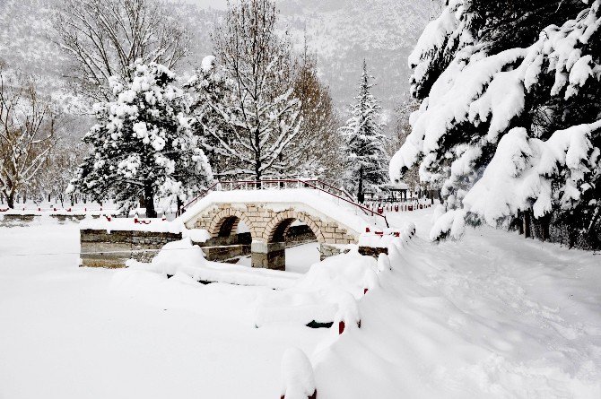 Seydişehir’de beyaza bürünen Kuğulu Park’ta kartpostallık fotoğraflar