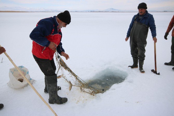 Buz tutan Beyşehir Gölü’nde “Eskimo” usulü balık avı