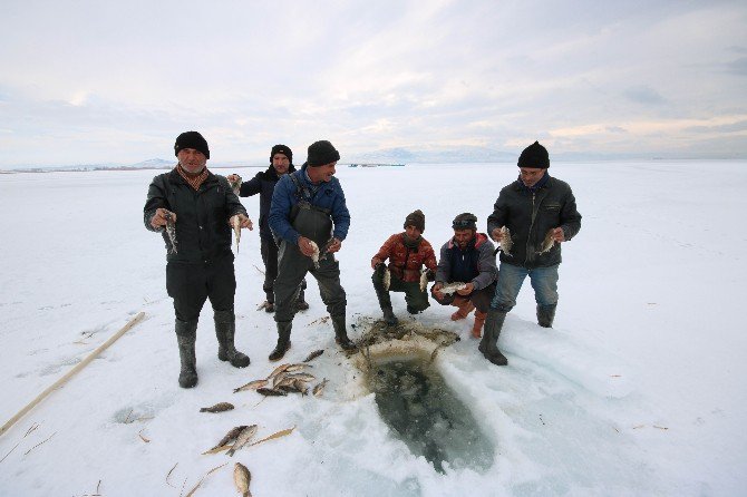 Buz tutan Beyşehir Gölü’nde “Eskimo” usulü balık avı