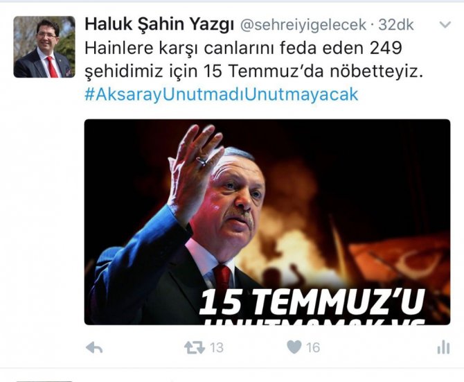 Aksaray Belediyesi 15 Temmuz tweeti ile Türkiye gündeminde