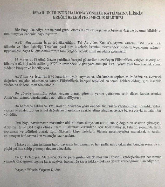 Ereğli Belediye Meclisi İsrail’i kınadı