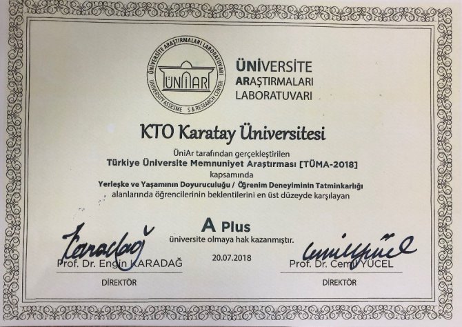 KTO Karatay, A Plus üniversiteler arasında yerini aldı