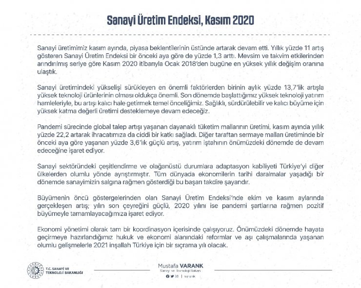 Bakan Varank: ”Sanayi üretimimiz yıllık yüzde 11, aylık ise yüzde 1,3 artışla piyasa beklentilerinin üzerinde gerçekleşti”