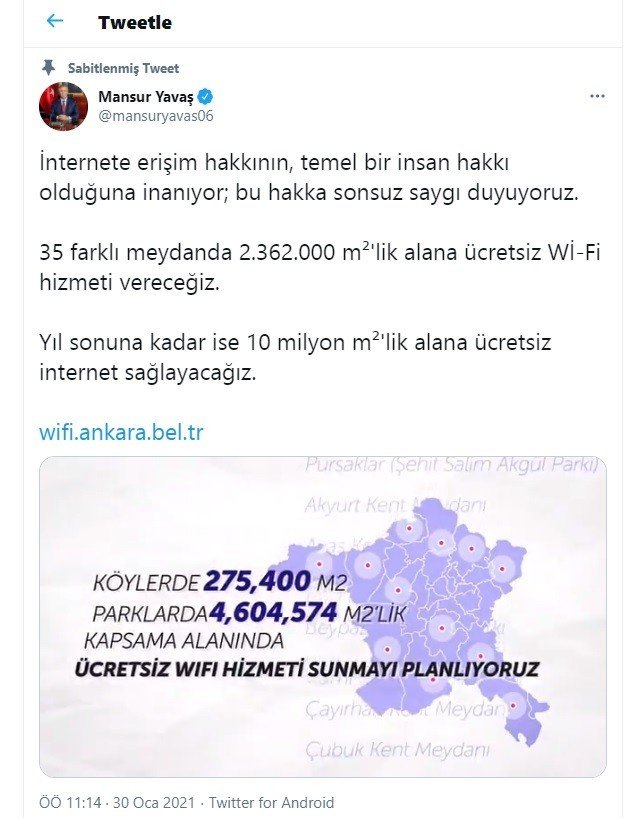 Ankara Büyükşehir Belediye Başkanı Mansur Yavaş meydanlarda ücretsiz internet verileceğini açıkladı