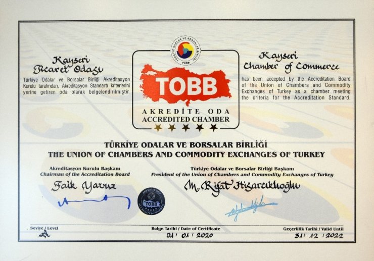 TOBB’dan KTO’ya 5 yıldızlı A sınıfı akreditasyon sertifikası