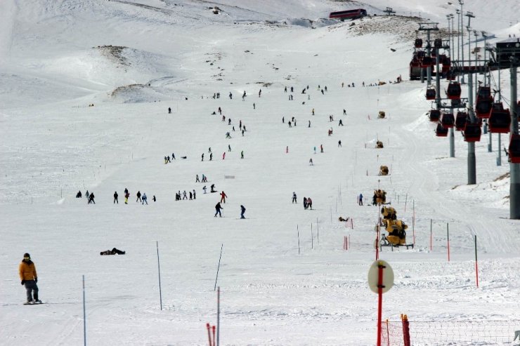 Erciyes’te kar kalınlığı 2 metreye yaklaştı, pistler tatilcilerle doldu