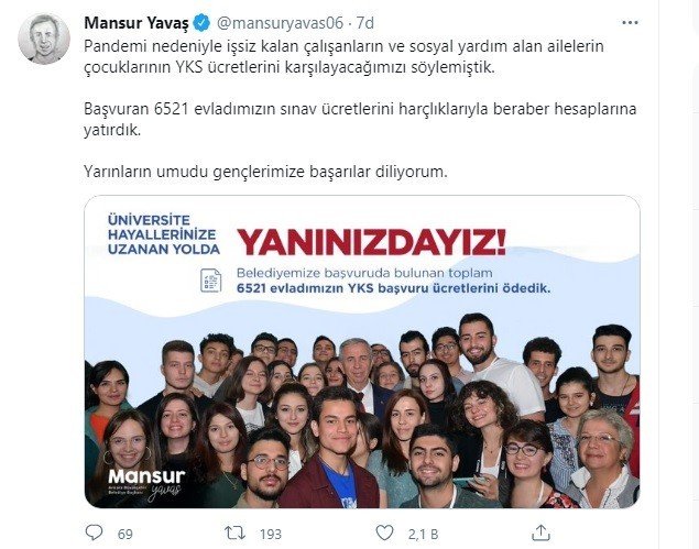 Ankara Büyükşehir Belediyesi YKS ödemesi desteği sözünü tuttu