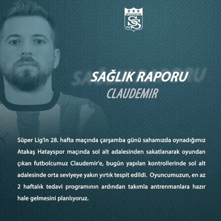 Sivasspor’da Claudemir şoku! 2 hafta yok