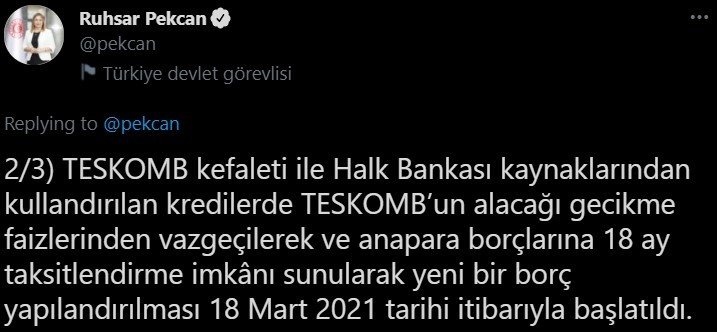 Bakan Pekcan, esnaf borçlarının yapılandırılmasına başlandığını duyurdu