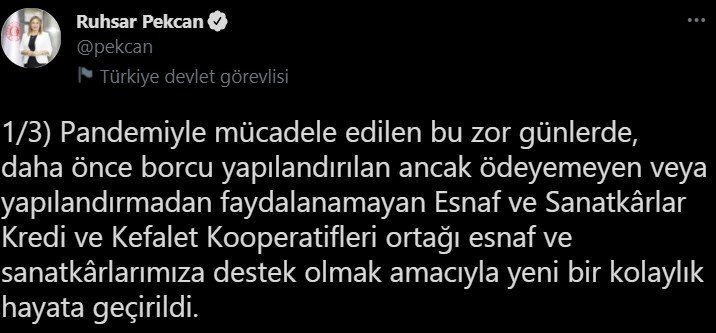 Bakan Pekcan, esnaf borçlarının yapılandırılmasına başlandığını duyurdu