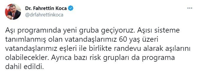 Covid-19 aşılamasında 60 yaş üzeri vatandaşlar için randevu sistemi açıldı