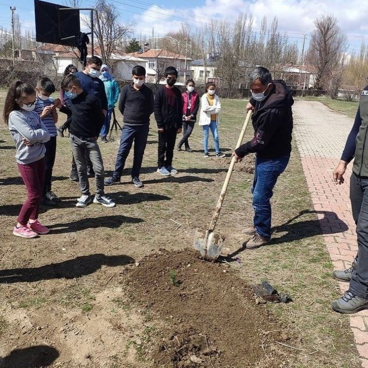 Tomarza’da öğrenciler ve öğretmenler okul bahçelerine ağaç dikti