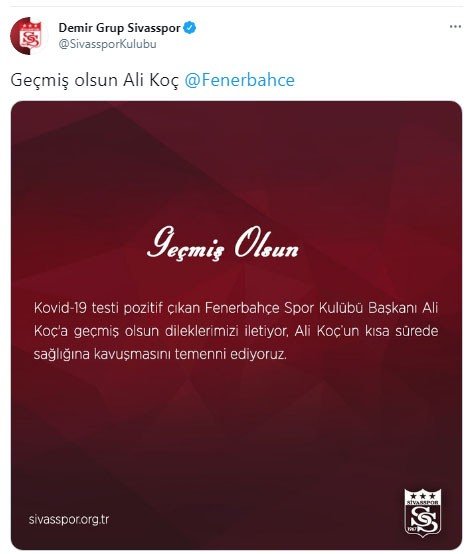 Sivasspor’dan Ali Koç’a geçmiş olsun mesajı