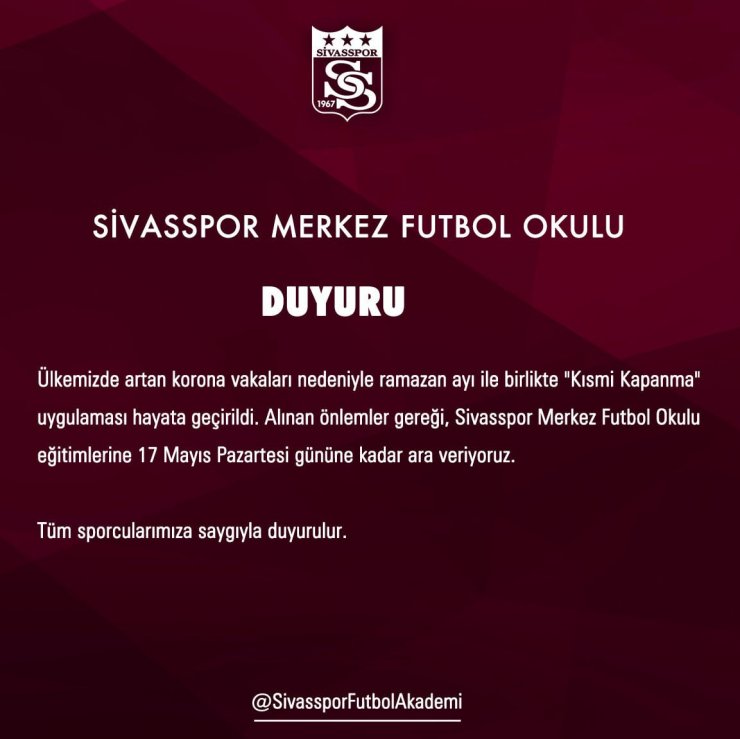 Sivasspor futbol okulu eğitimine ara verdi!