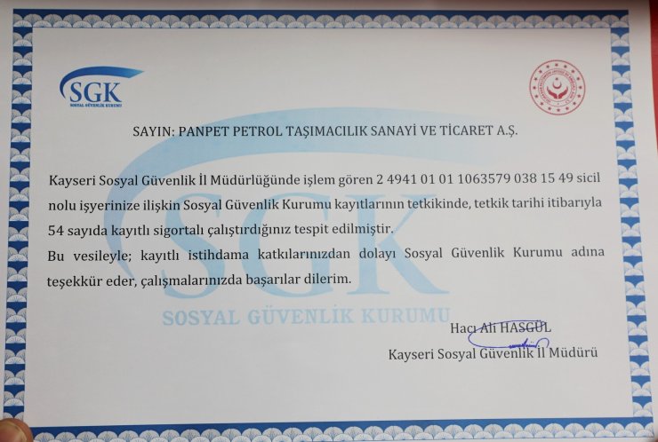 SGK’dan İstihdamı artıran, üretimi güvenle sürdüren Kayseri Şeker’e teşekkür