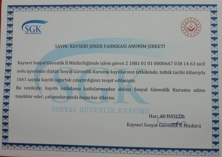 SGK’dan İstihdamı artıran, üretimi güvenle sürdüren Kayseri Şeker’e teşekkür