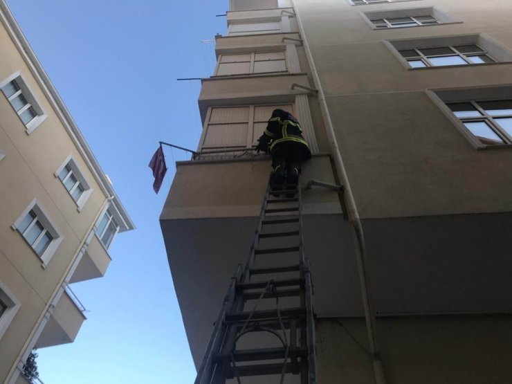 Balkon demirlerine sıkışan kediyi itfaiye ekipleri kurtardı