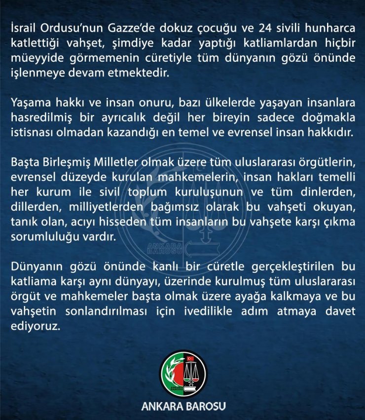 Ankara Barosundan İsrail’e tepki