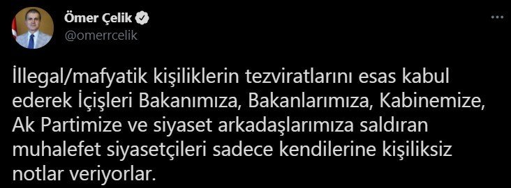 AK Parti Sözcüsü Çelik: “İçişleri Bakanımızı, kabinemizi ve partimizi bir suç örgütü üyesinin laflarıyla hedef alanları şiddetle kınıyoruz”