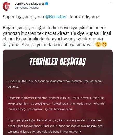 Sivasspor Beşiktaş’ı tebrik etti!