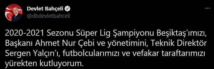 MHP lideri Bahçeli, şampiyon Beşiktaş’ı kutladı