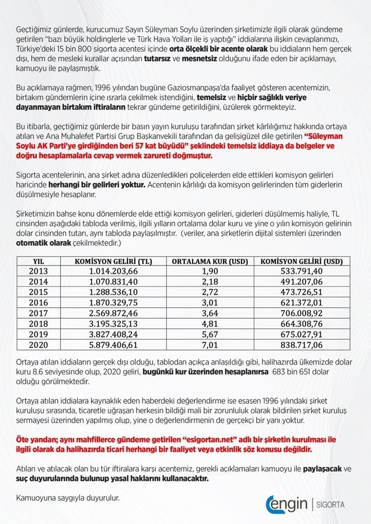 Engin Sigorta’dan ‘bazı büyük holdinglerle ve Türk Hava Yolları ile iş yaptığı’ iddialarına ilişkin açıklama