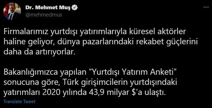 Yurt dışındaki Türk yatırımların cirosu 35 milyar dolara ulaştı