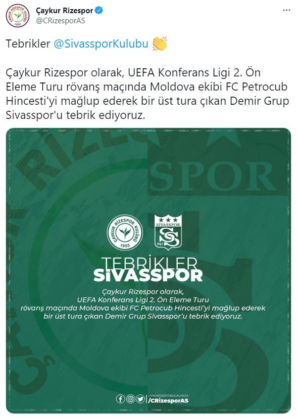 Kulüplerden Sivasspor’a tebrik mesajları