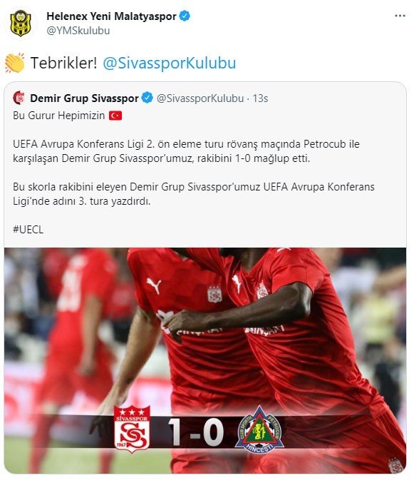 Kulüplerden Sivasspor’a tebrik mesajları