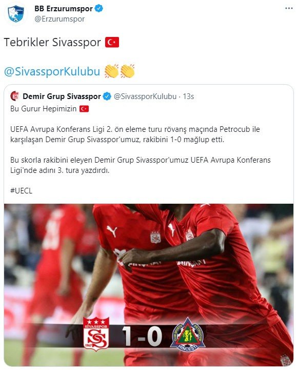 Kulüplerden Sivasspor’a tebrik mesajları