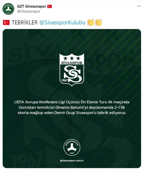 Kulüplerden Sivasspor’a tebrik mesajı