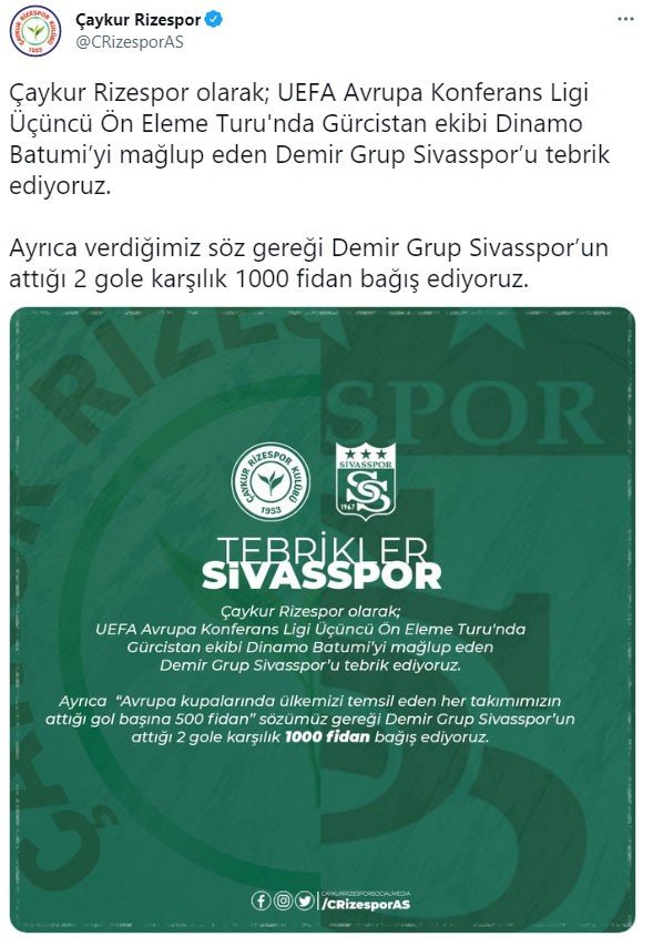 Kulüplerden Sivasspor’a tebrik mesajı