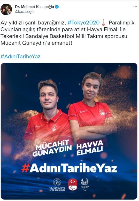 Tokyo 2020 Paralimpik Oyunları’nın açılış töreninde Türk bayrağını Havva Elmalı ile Mücahit Günaydın taşıyacak