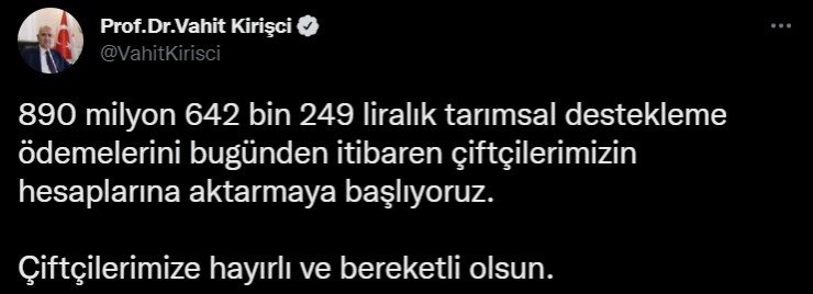 890 milyon liralık tarımsal destekleme ödemeleri, çiftçilerin hesaplarına aktarılmaya başladı