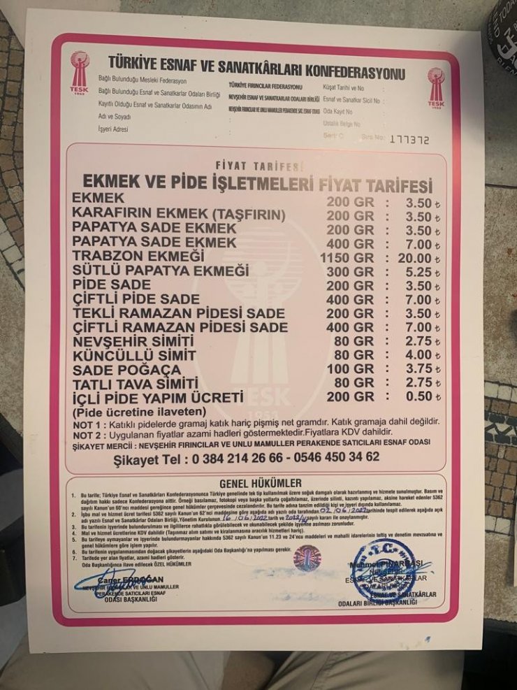 Nevşehir’de ekmeğe zam geldi