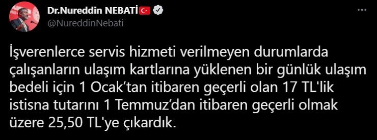 Bakan Nebati: "Çalışanların yemek kartlarına yüklenen bir günlük yemek bedeli için 34 TL’lik istisna tutarını 1 Temmuz’dan itibaren 51 TL’ye çıkardık"