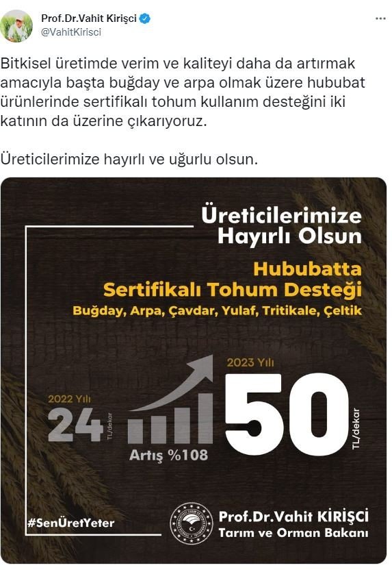 Bakan Kirişci: "Hububat ürünlerinde sertifikalı tohum kullanım desteği iki katının da üzerine çıkacak"