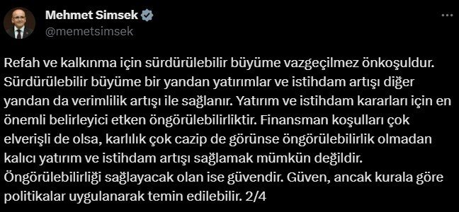 Bakan Şimşek: “Güven, ancak kurala göre politikalar uygulanarak temin edilebilir”