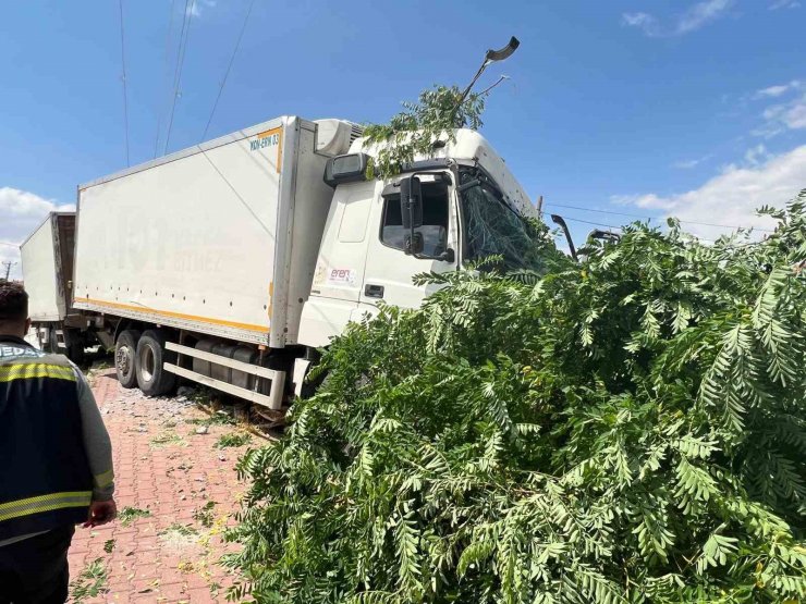 Freni boşalan römorklu kamyon önce ağaca, sonra elektrik diğerine çarptı